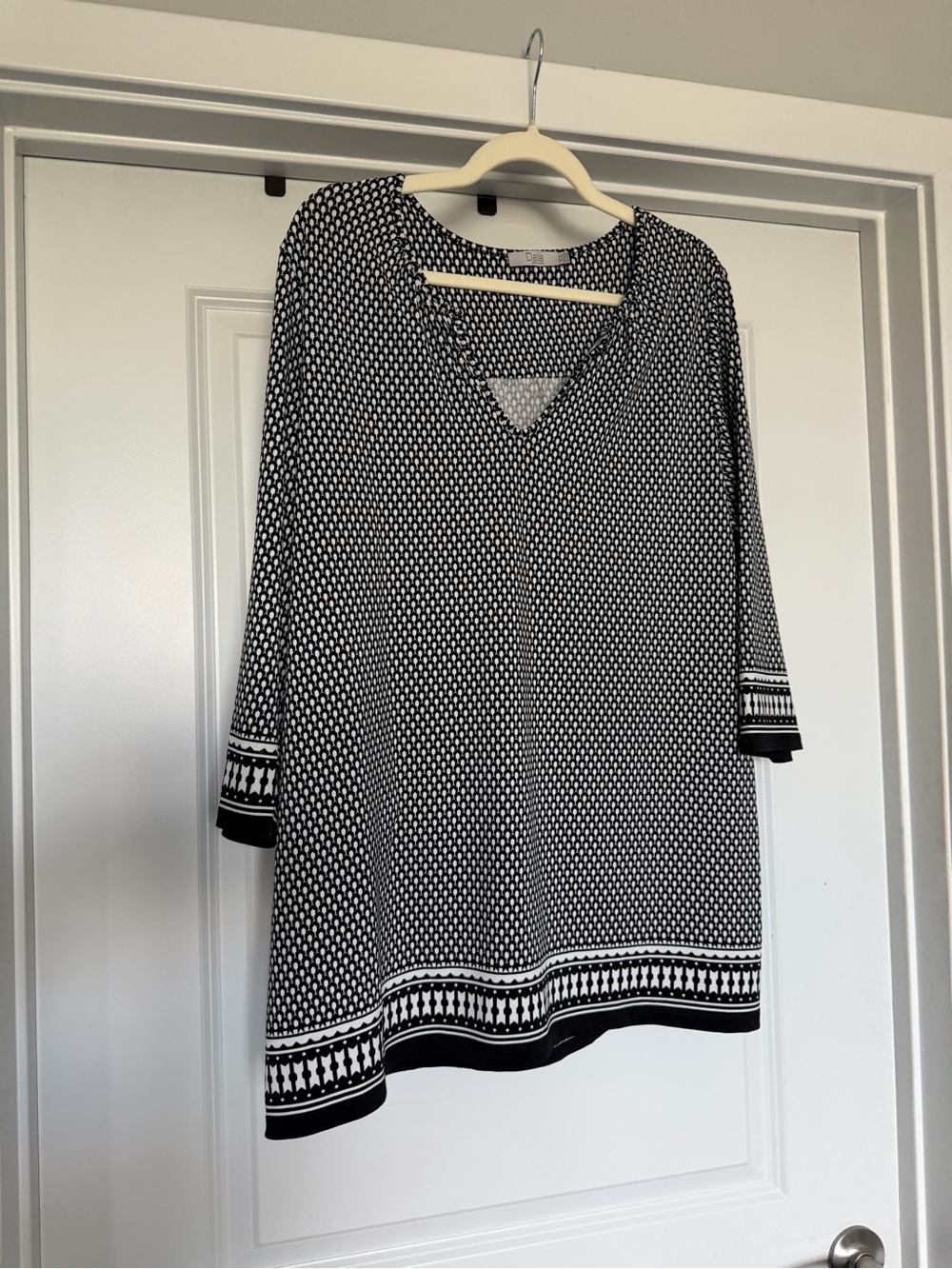Dalia 3X Black White Geometric Border Print Tunic Top 3/4 Sleeve